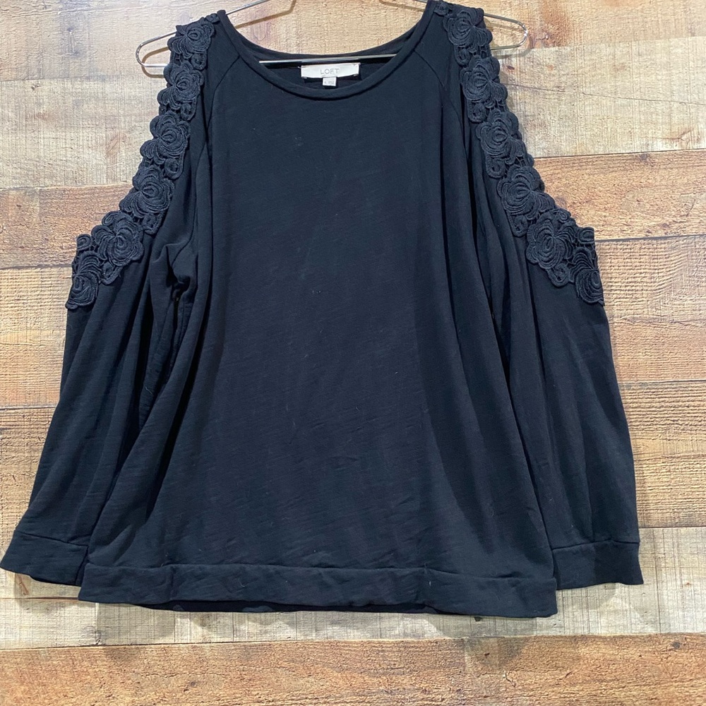 Loft Cold Shoulder Long Sleeve Lace Embellished Black Top Size XL